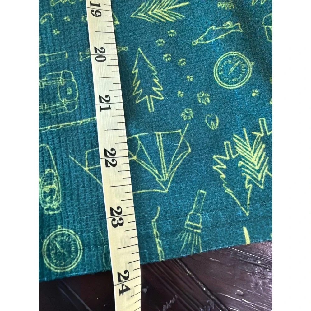 LL Bean Kids Camping Pajama Set Teal Green Waffle Knit Tent Print 2pc Sleepwear